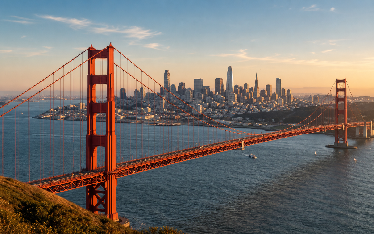 Golden Gate Bridge e skyline de San Francisco, referência visual da Bay Area